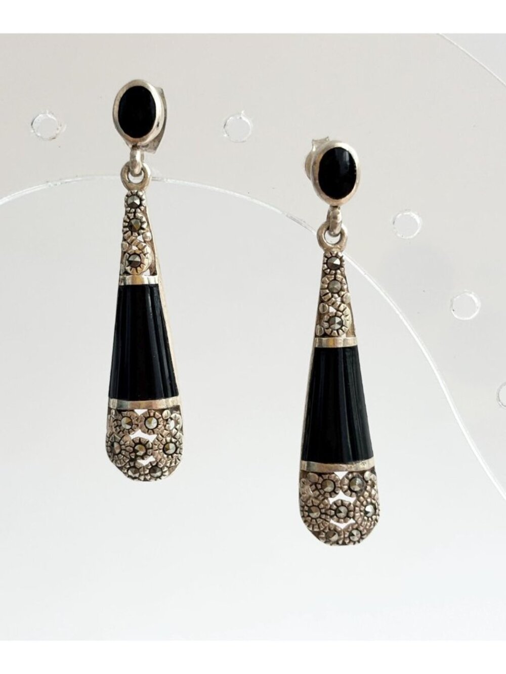 Art Deco Black Onyx & marcasite Teardrop Vintage Sterling Silver 925 Earrings